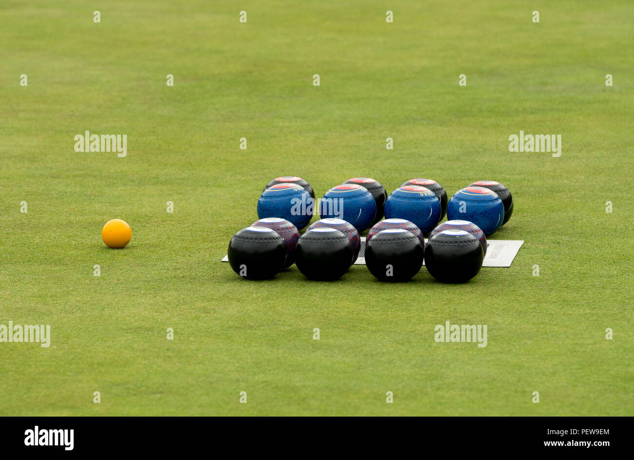 Bowls set out before a match at the national women`s lawn bowls championships, Leamington Spa, UK Stock Photo